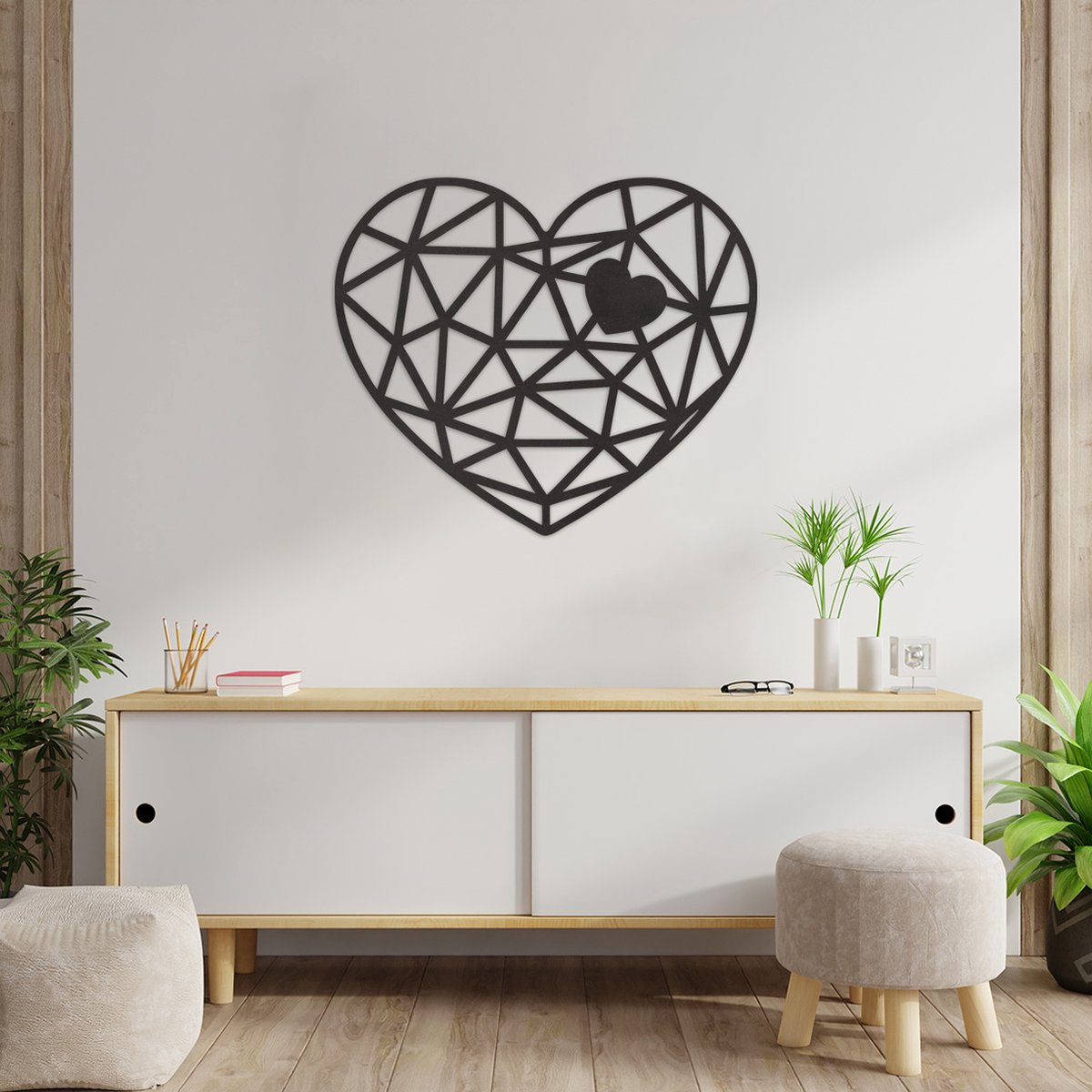 Geometrische Wanddecoratie Hart - Geometrische Muurdecoratie Liefde - Geometrisch Hart - Muurdecoratie Hout - Wanddecoratie Hout - Muurdecoratie Woonkamer - Wanddecoratie Woonkamer - Wanddecoratie Industrieel - Wanddecoratie Dieren - 69.5 x 59 cm