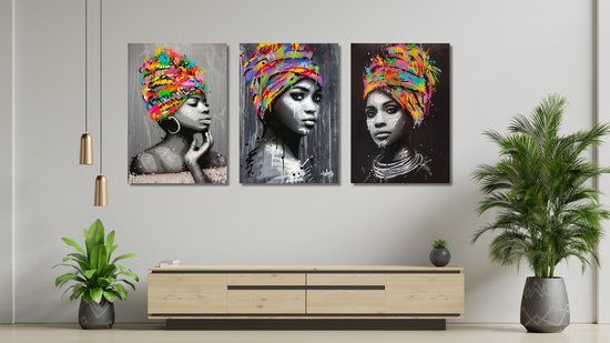 Afrikaanse Vrouwen poster set - Portret - Set van 3 - Moderne kunst - Afrikaanse decoratie - 42x60 formaat - Schilderijen woonkamer - Hoogwaardig glans - Geschikt om in te lijsten