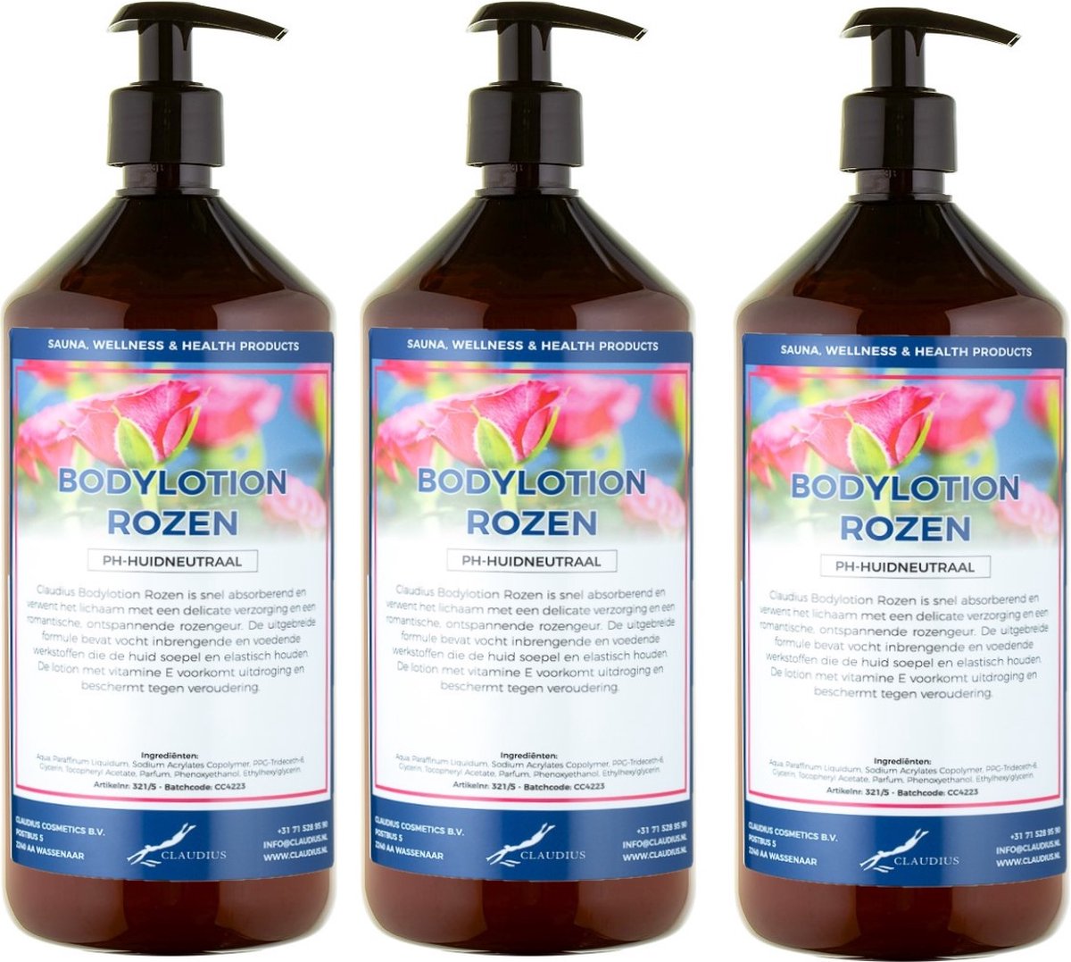 Bodylotion Rozen 1 Liter - met gratis pomp - set van 3 stuks