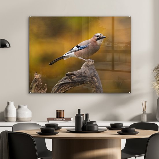 MuchoWow® Glasschilderij 80x60 cm - Schilderij acrylglas - Vogel - Tak - Vlaamse gaai - Foto op glas - Schilderijen