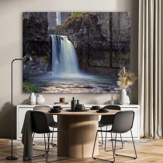 MuchoWow® Glasschilderij 160x120 cm - Schilderij acrylglas - Waterval - Water - Rotsen - Foto op glas - Schilderijen