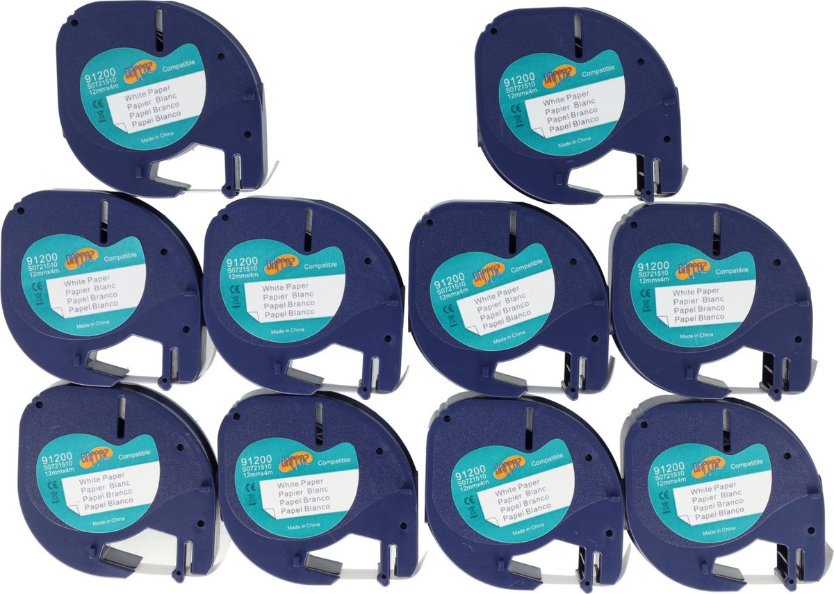 Dappaz - 10 stuks Compatible Papieren Label Tape 91200 Geschikt voor Dymo LetraTag Labelprinter - Zwart op Wit - 12 mm x 4 m - S0721510