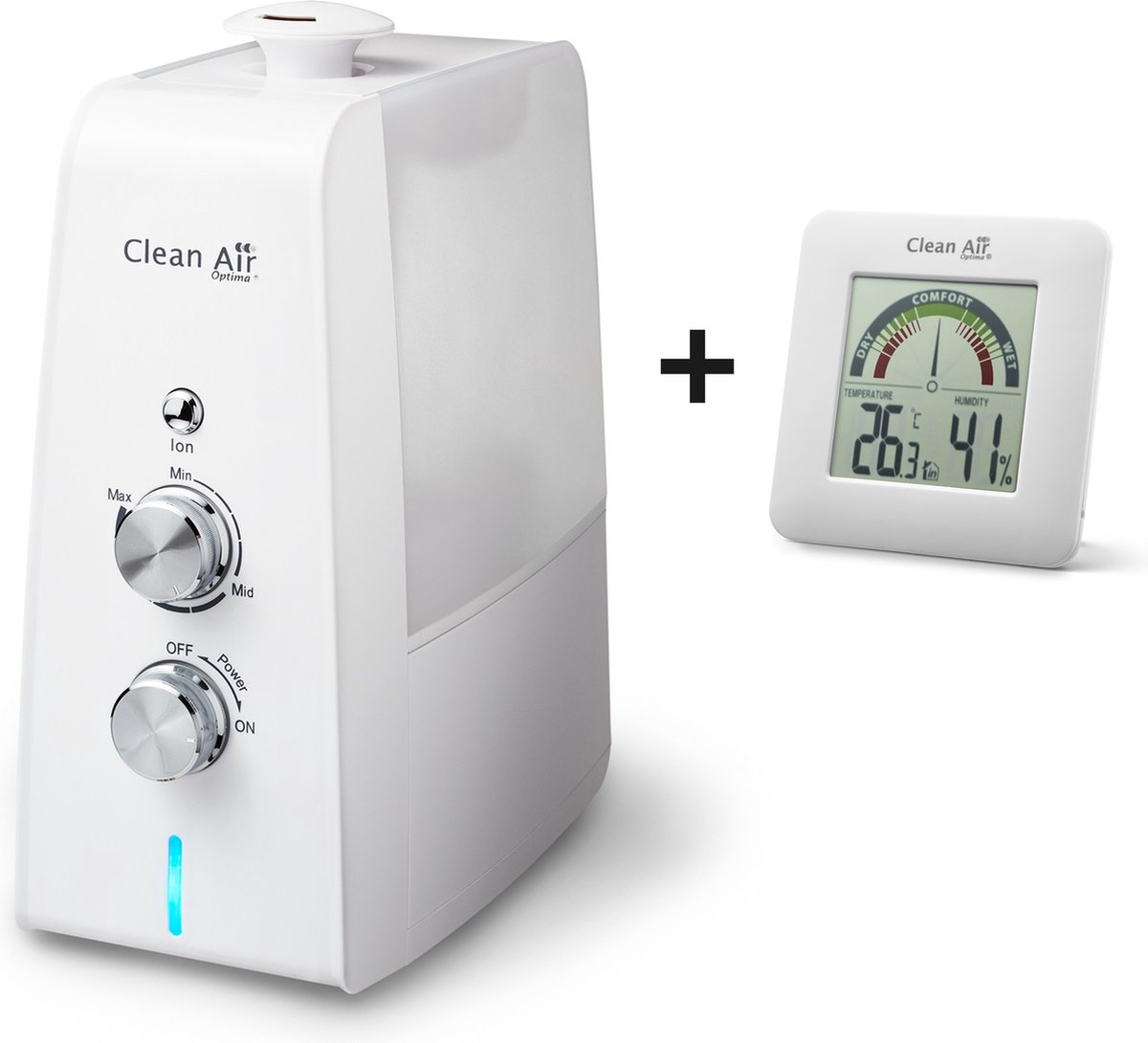 Clean Air Optima® CA-602 - Luchtbevochtiger met Ionisator en Aromatherapie + Clean Air Optima® HT-01W Hygrometer en Thermometer