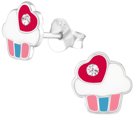 Joy|S - Zilveren cupcake oorbellen met hartje - 7 mm - kinderoorbellen