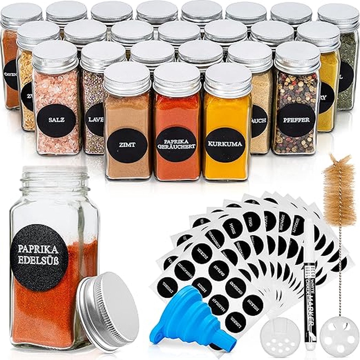 Set van 24 Kruidenpotjes met Schroefdeksel, Kruidenkit met Labels, Trechter, Schoonmaakborstel, Stift, Passen in Onze 4 Kruidenrekken, Lege Helder Glas Opberger & Strooier 120ml, 10,5x4,3cm…