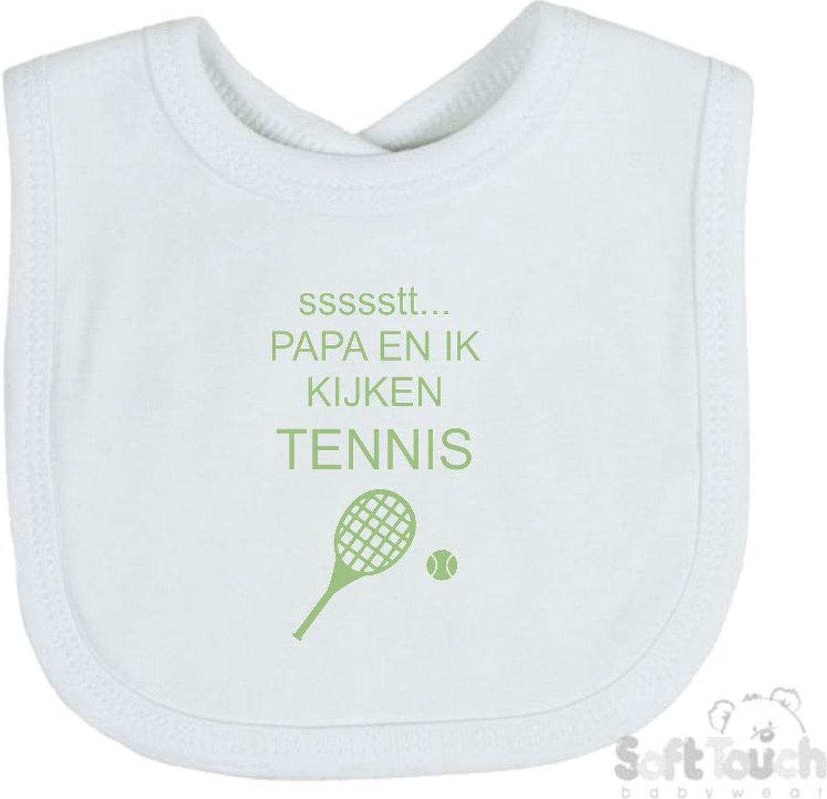 Goedkoopste Soft Touch Slabber Slabbetje Slab ssssstt... Papa en ik kijken tennis Unisex Katoen Wit/sage green (saliegroen) Maat 33x22 Cm