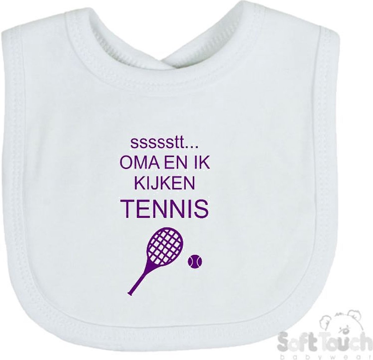 Goedkoopste Soft Touch Slabber Slabbetje Slab ssssstt... Oma en ik kijken tennis Unisex Katoen Wit/paars Maat 33x22 Cm