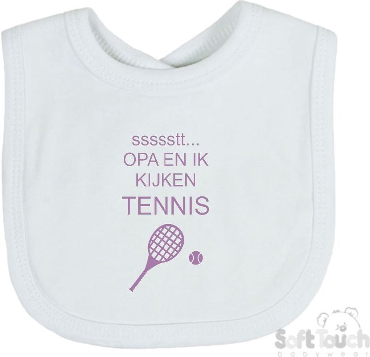 Goedkoopste Soft Touch Slabber Slabbetje Slab ssssstt... Opa en ik kijken tennis Unisex Katoen Wit/lila Maat 33x22 Cm