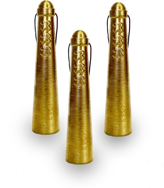 Drie gouden Amsterdammertje kersthanger met touwtjes en sterrenpatroon.