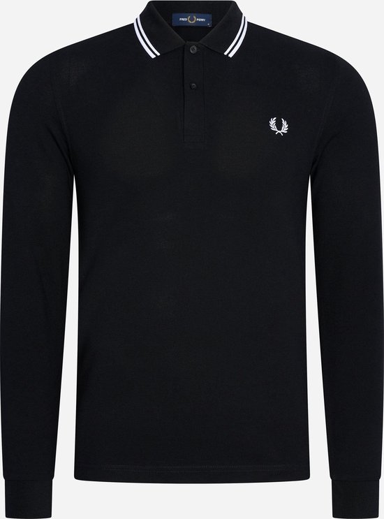 Fred Perry M3636 long sleeved twin tipped shirt - heren polo lange mouwen - Black / White - Maat: S