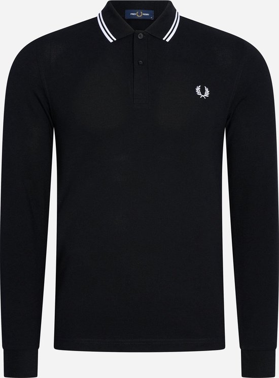 Foto: Fred perry m3636 long sleeved twin tipped shirt heren polo lange mouwen black white maat s