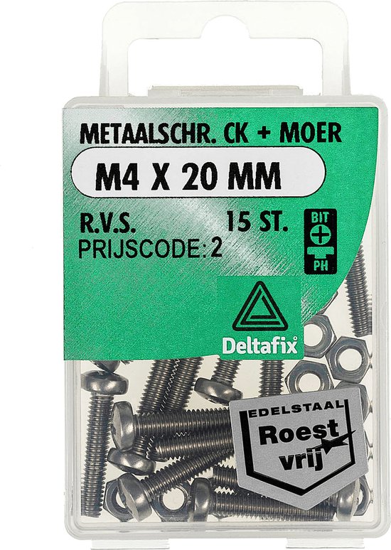 Foto: Deltafix bout met moer m4 x 20 mm lang cilinderkop r v s a2 15 stuks metaal schroeven 