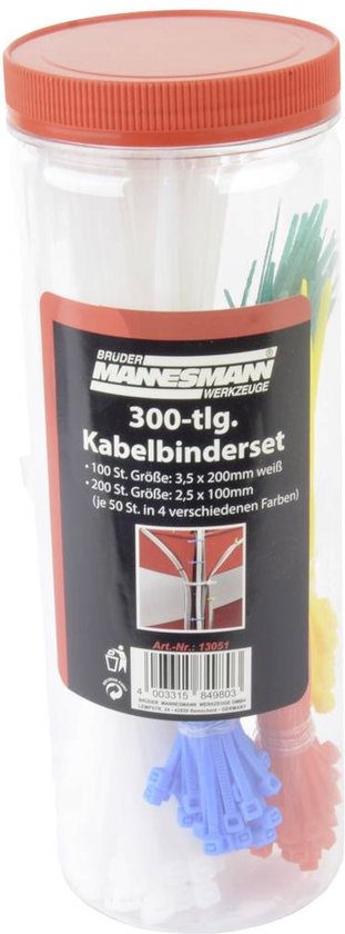 Brüder Mannesmann M13051 Assortiment kabelbinders 100 mm, 200 mm Wit, Rood, Groen, Geel, Blauw 300 stuk(s)