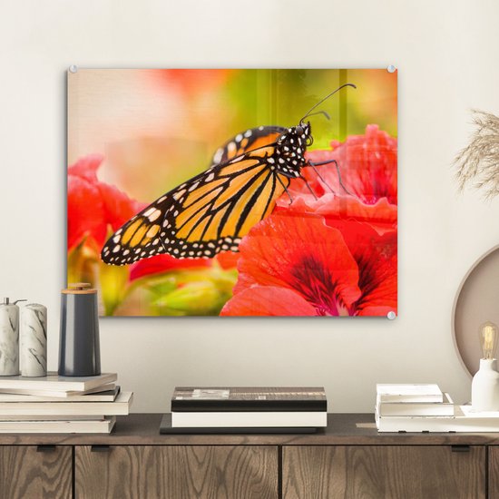 MuchoWow® Peinture sur verre 40x30 cm - Peinture acrylique sur verre - Fleurs - Papillons - Monarque - Photo sur verre - Peintures