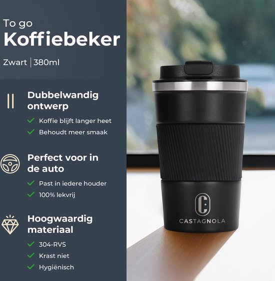 Castagnola Thermosbeker - Koffiebeker To Go - Travel Mug voor Koffie en Thee - Theebeker - 380 ML - RVS - Zwart
