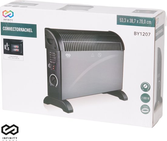 Doos van de Infinity Goods elektrische convector kachel, zwart, 53,3 x 38,7 x 20,0 cm.