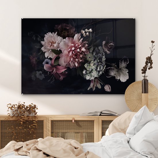 Peinture sur verre fleurs - Vintage - Pastel - Zwart - Bouquet - Peinture sur verre - Salon - 120x80 cm - Décoration fleurs - Décoration chambre - Décoration murale