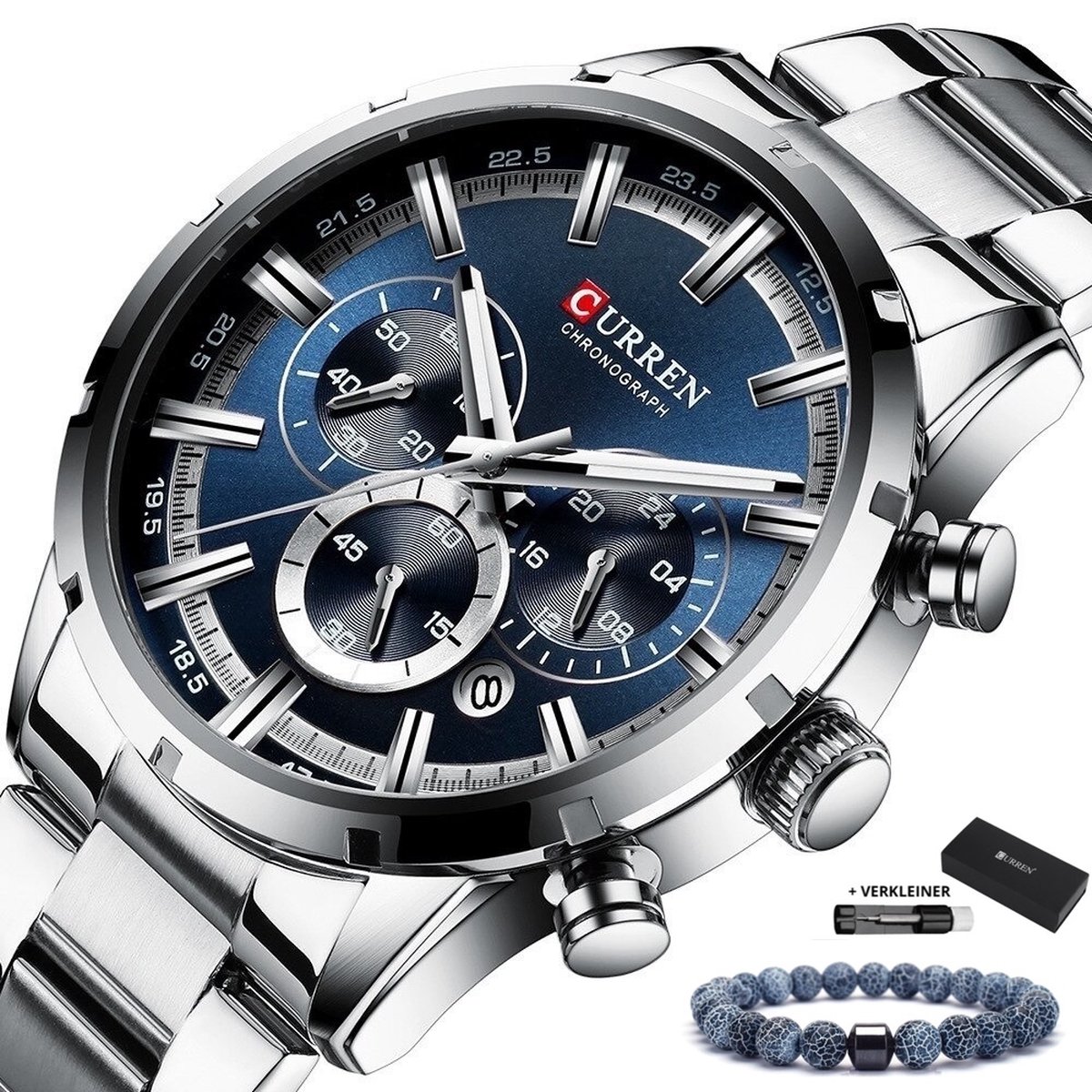 Curren - Horloge Heren - Cadeau voor Man - Horloges voor Mannen - 47 mm - Zilver Blauw - CURREN-NL
