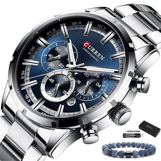 Curren - Horloge Heren - Cadeau voor Man - Horloges voor Mannen - 47 mm - Zilver Blauw