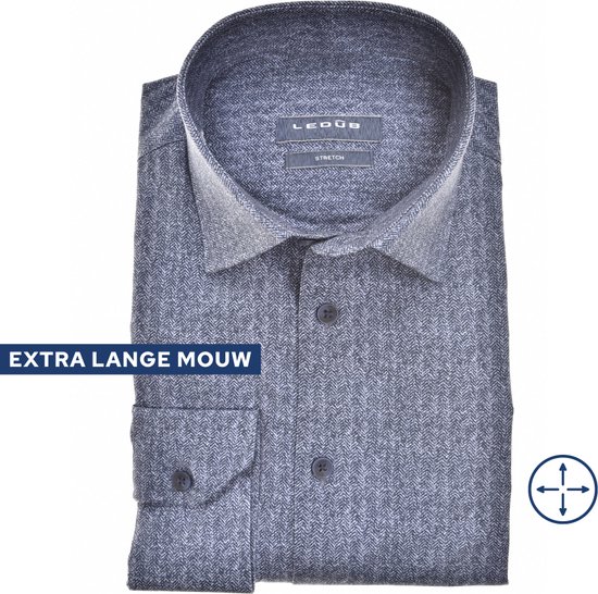 Ledub modern fit overhemd - mouwlengte 72 cm - popeline - donkerblauw dessin - Strijkvriendelijk - Boordmaat: 48