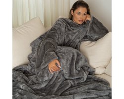 Fleece Deken met Mouwen - Plaid met Mouwen - Hoodie Deken - Hoodie Blanket - Huggle Hoodie - Snuggle Hoodie - Dekens - TV Deken - Grijs - Dames en Heren - Volwassenen - 180x130 cm - Noodpakket - Kerstcadeau - Snuggie Moment