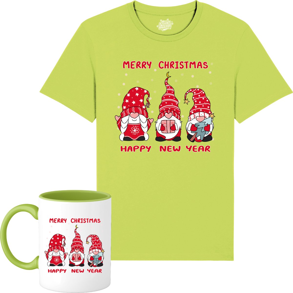 Christmas Gnomies - Foute kersttrui kerstcadeau - Dames / Heren / Unisex Kleding - Grappige Kerst Outfit - T-Shirt met mok - Unisex - Appel Groen - Maat L