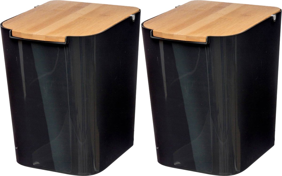 Goedkoopste 5Five prullenbak/vuilnisbak - 2x stuks - 5 liter - bamboe - zwart/lichtbruin - 24 x 19 cm - badkamer