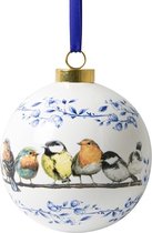 Heinen Delfts Blauw | Porseleinen kerstbal met bosvogeltjes | Kersthanger | 8 cm doorsnee
