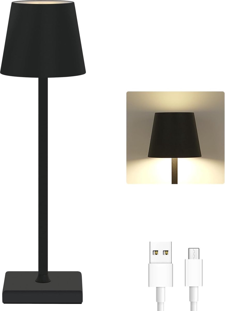 Goeco Tafellamp - 38cm - Medium - 4W - LED - USB Oplaadbare Dimbaar Draadloze Tafellamp - 3000K - Warme Lichtkleur- IP54 - Metaal - Zwart