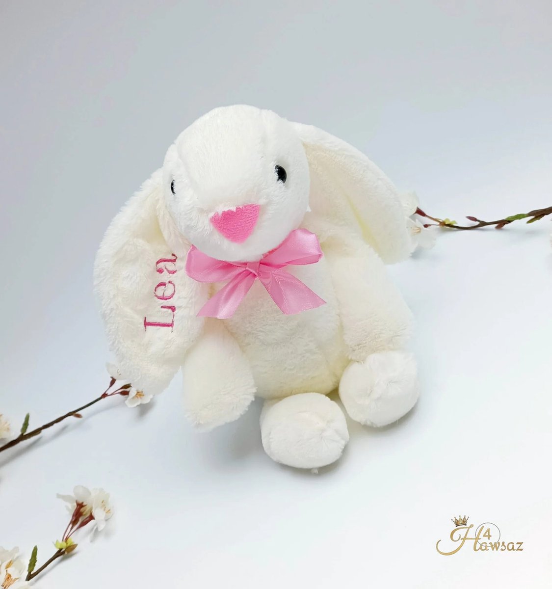Goedkoopste Kraamcadeau - Hawsaz.nl cadeau - Baby knuffel wit - Babygeschenk- knuffel met naam - kraamcadeau met naam - Lief - knuffel konijn 30 cm - Naam Personaliseren - Babyshower cadeau - voor jongens en meisjes - Met naam - Bunnies - Geborduurd