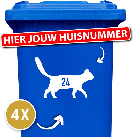 Container Sticker - Kat Lopend met Huisnummer - 25 x 17,5 cm - 4 stuks - Wit - Container Sticker Kat - Klikostickers