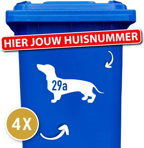 Container Sticker - Teckel - Klikostickers - Kliko Sticker Voordeelset - 4 Stuks - Container Sticker Huisnummer - Wit - Container Sticker Hond - Stickers Volwassenen - Cadeau Teckel