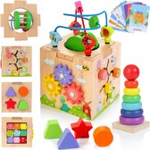 8-in-1 houten activiteitenkubus, babyspeelgoed 12-18 maanden Montessori-speelgoed voor 1 jaar oud inclusief rammelaarrol, kraal doolhof, sorteren & stapelplank - 1e verjaardagscadeau