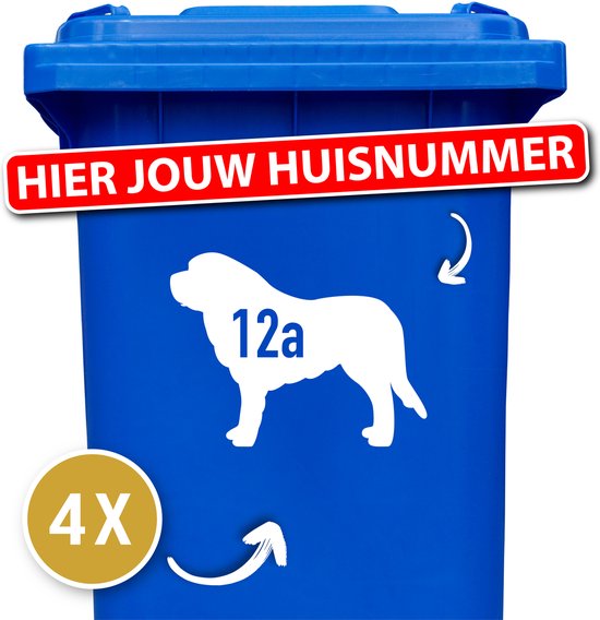 Container sticker - klikostickers - kliko sticker voordeelset - 4 stuks - Sint Bernard - container sticker huisnummer - wit - vuilnisbak stickers - container sticker hond
