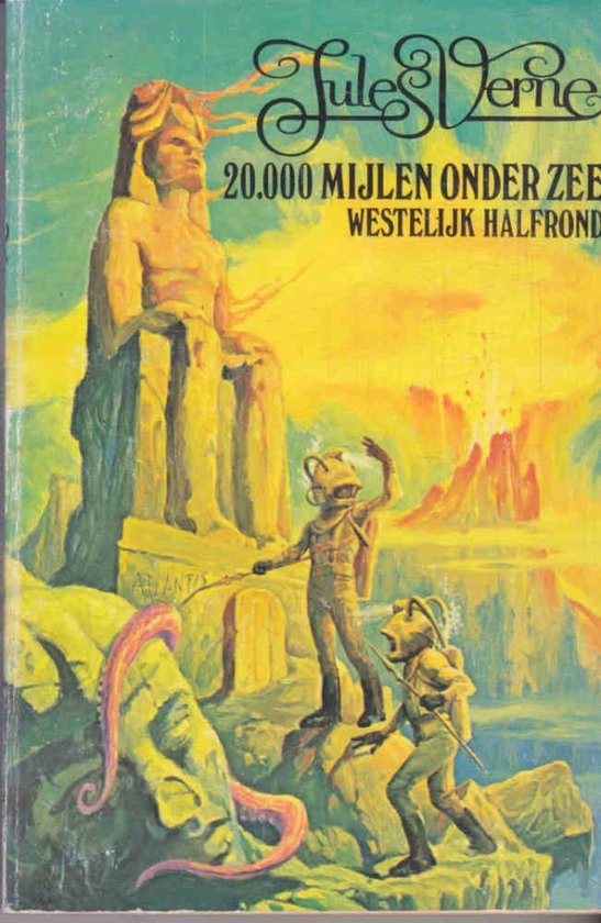 Boekcover met Jules Verne's '20.000 Mijl onder Zee'. Een standbeeld, duikers en een octopus in een gele gloed.