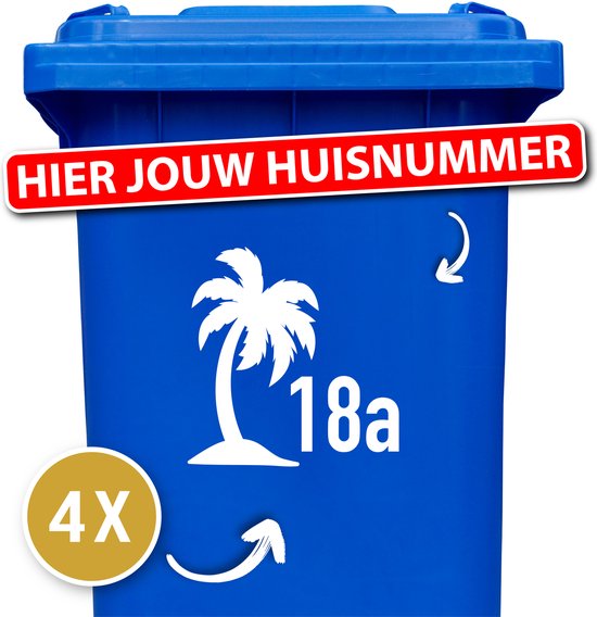 Container sticker Palmboom met huisnummer 4 stuks - Kleur: Wit - Klikostickers - 12345678910 - cadeau