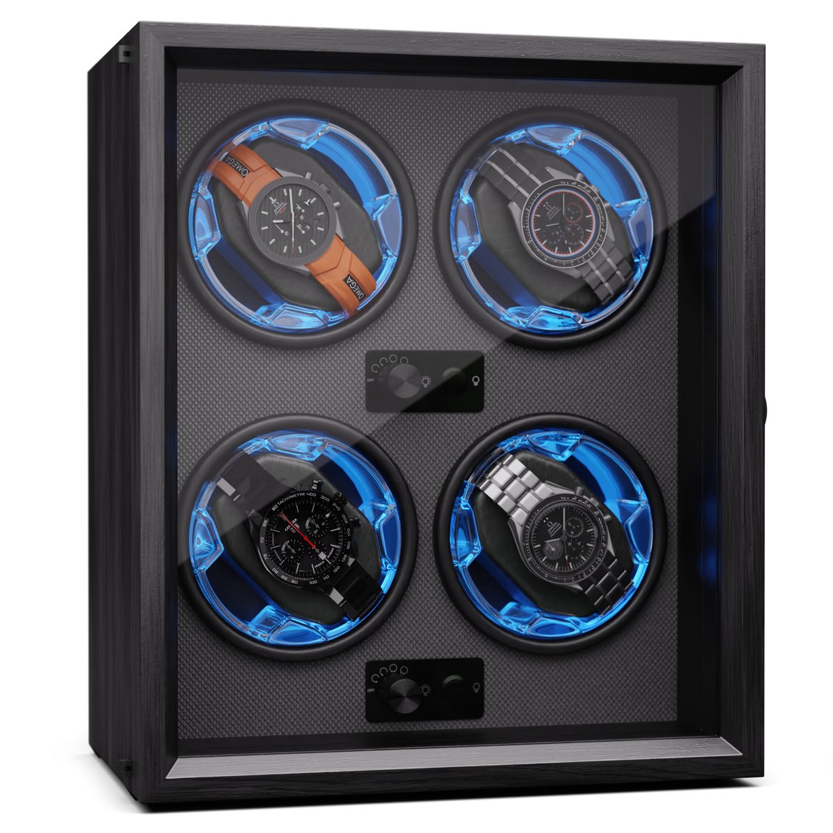 Brienz 4 watchwinder, 4 horloges, 4 modi, houten look, blauwe binnenverlichting