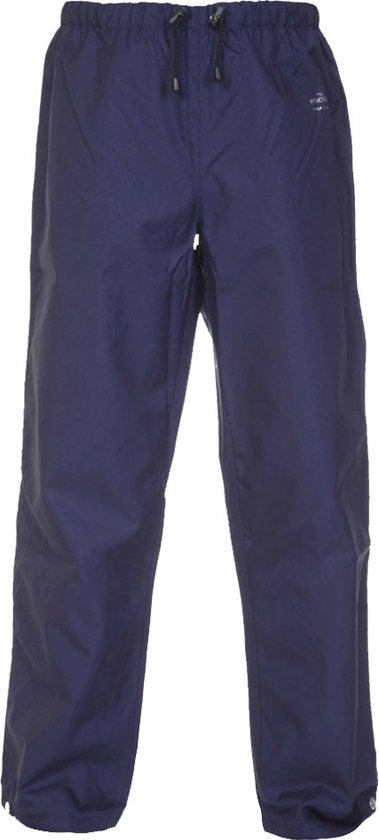 Donkerblauwe werkbroek met elastische tailleband, trekkoord en logo linksboven.