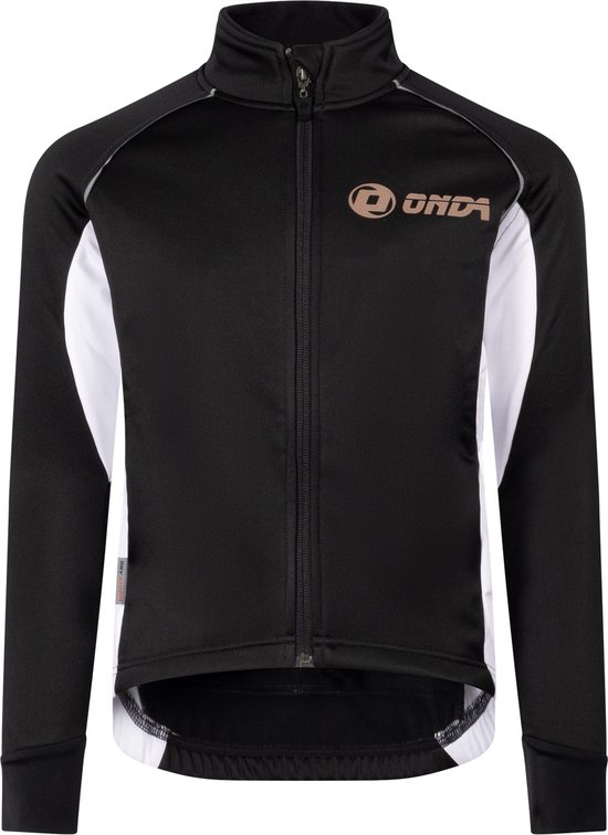 Zwarte fietsjas met witte en grijze accenten, Onda logo op de borst.