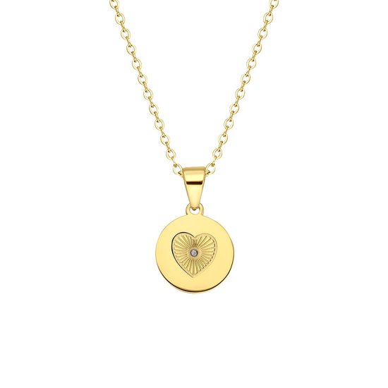 Lucardi Dames Stalen goldplated ketting met hart bewerkt - Ketting - Staal - Goudkleurig - 47 cm