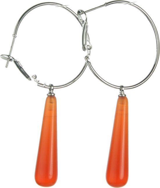 Behave Oorbellen - oorringen met gekleurde hanger - rood - zilver kleur - 6.4cm