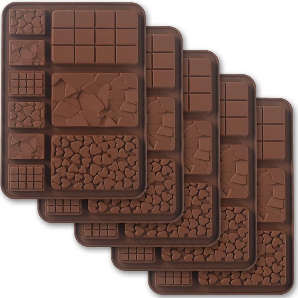 Break Apart siliconen chocoladevormen, chocoladerepenvormen, zelfgemaakte eiwit- en energiereepvormen, 5 verpakkingen, bruin