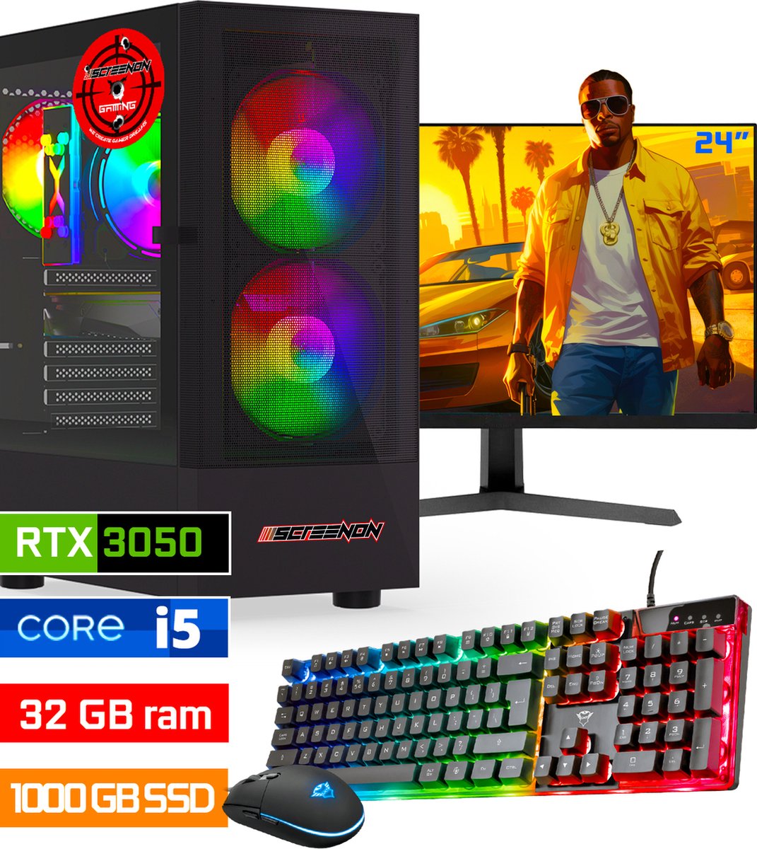 ScreenON - Intel Core i5 - 1000GB SSD - 32GB RAM - RTX 3050 - Gaming Set - V122023324 (24" Monitor + Toetsenbord + Muis)