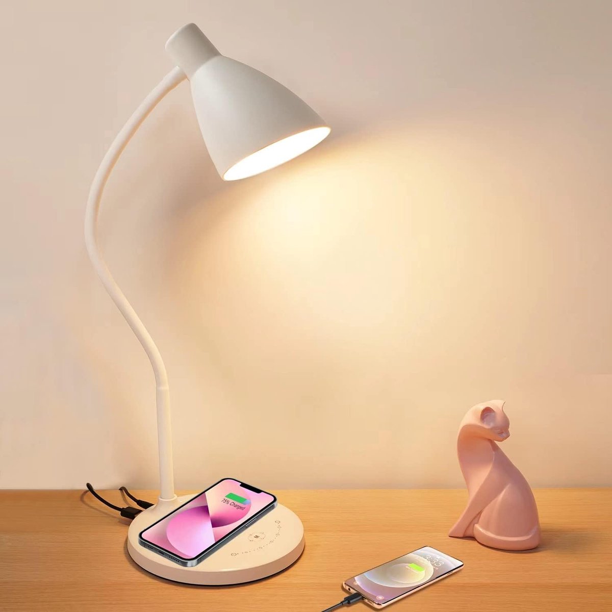 Lampen District® - Bureaulamp met draadloze telefoon oplader - 5 verlichtingsmodes & 7 helderheidsniveaus - Zwanenhals - Tafellamp Wit