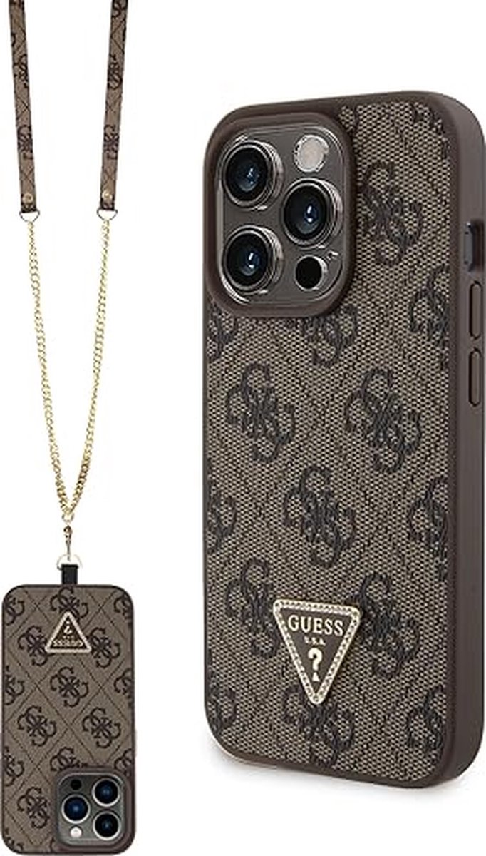 Guess 4G Triangle Crossbody Back Case - Geschikt voor Apple iPhone 15 Pro (6.1") - Bruin