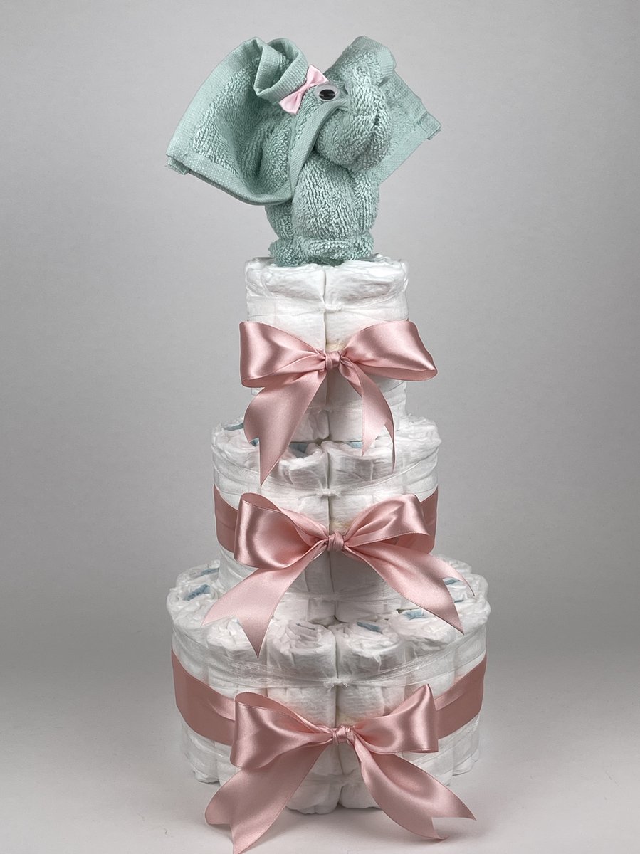 Goedkoopste Chouette-Chouette | Luiertaart Meisje | Kraamcadeau | Geboorte Meisje | Babyshower | Olifant Mint groen - donker Poeder Roze