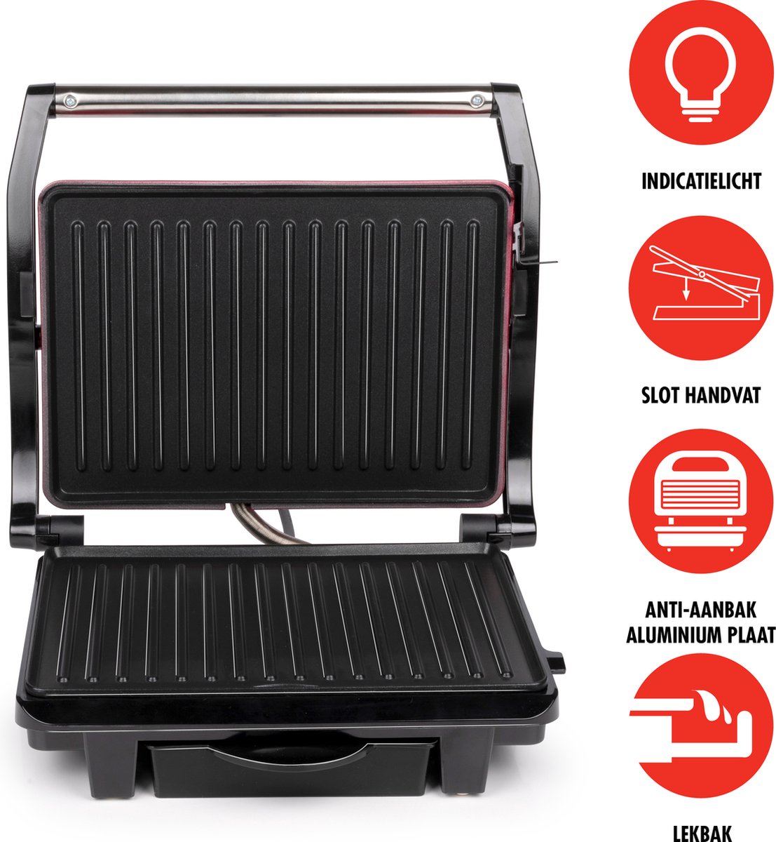 alpina Contact Grill 230V/1000W Tosti Ijzer Panini Grill Groente, Brood en Vlees Anti-Aanbaklaag Lekbak Zwart/Rood thumbnail 2