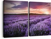 Artaza Canvas Schilderij Tweeluik Bloemenveld Met Paarse Lavendel - Bloemen - 180x120 - Groot - Foto Op Canvas - Canvas Print