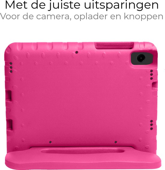 Roze tablethoes met handvat, met uitsparingen voor camera en knoppen.