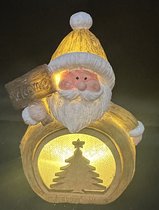 Kerstbeeld "houtlook" Kerstman met LED - welcome - warm witte LED - houtlook - polyresin - hoogte 14x9x5 cm - Kerstdecoratie - Woonaccessoires